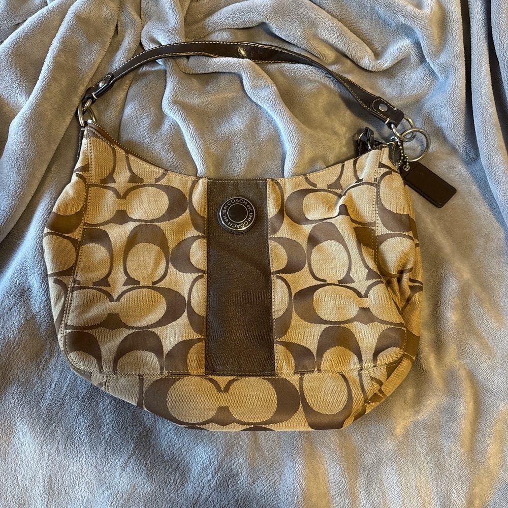 Coach Brown Monogram Shoulder Bag with Leather Trim